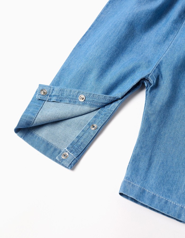 Denim jumpsuit with embroidered flowers for newborn girls, blue