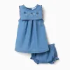 Denim dress + bloomers with ruffles for newborn girls, blue