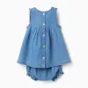 Denim dress + bloomers with ruffles for newborn girls, blue