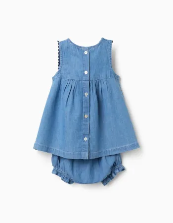 Denim dress + bloomers with ruffles for newborn girls, blue