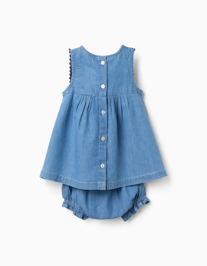 Denim dress + bloomers with ruffles for newborn girls, blue