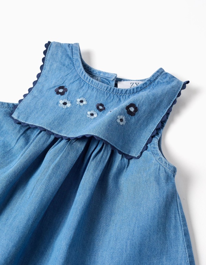 Denim dress + bloomers with ruffles for newborn girls, blue