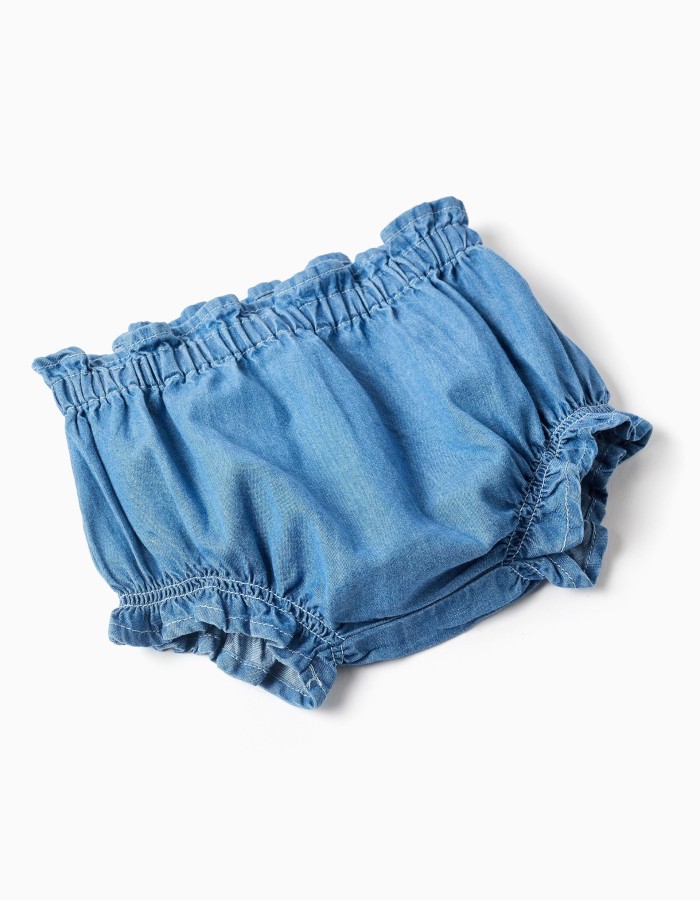 Denim dress + bloomers with ruffles for newborn girls, blue