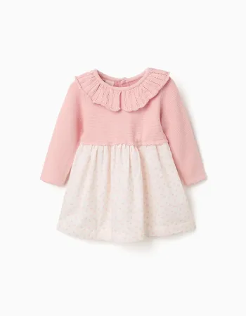 Dual-fabric dress with floral motif for newborn girls, pink/white