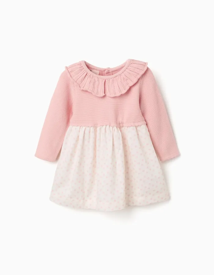 Dual-fabric dress with floral motif for newborn girls, pink/white