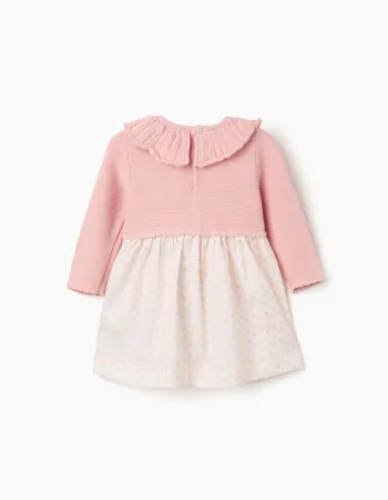 Dual-fabric dress with floral motif for newborn girls, pink/white
