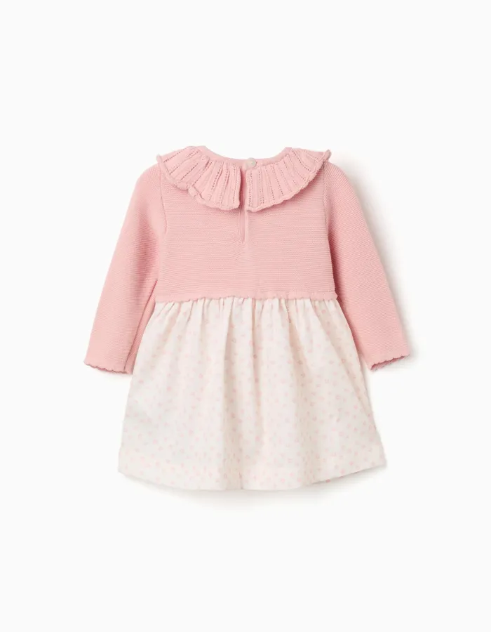 Dual-fabric dress with floral motif for newborn girls, pink/white