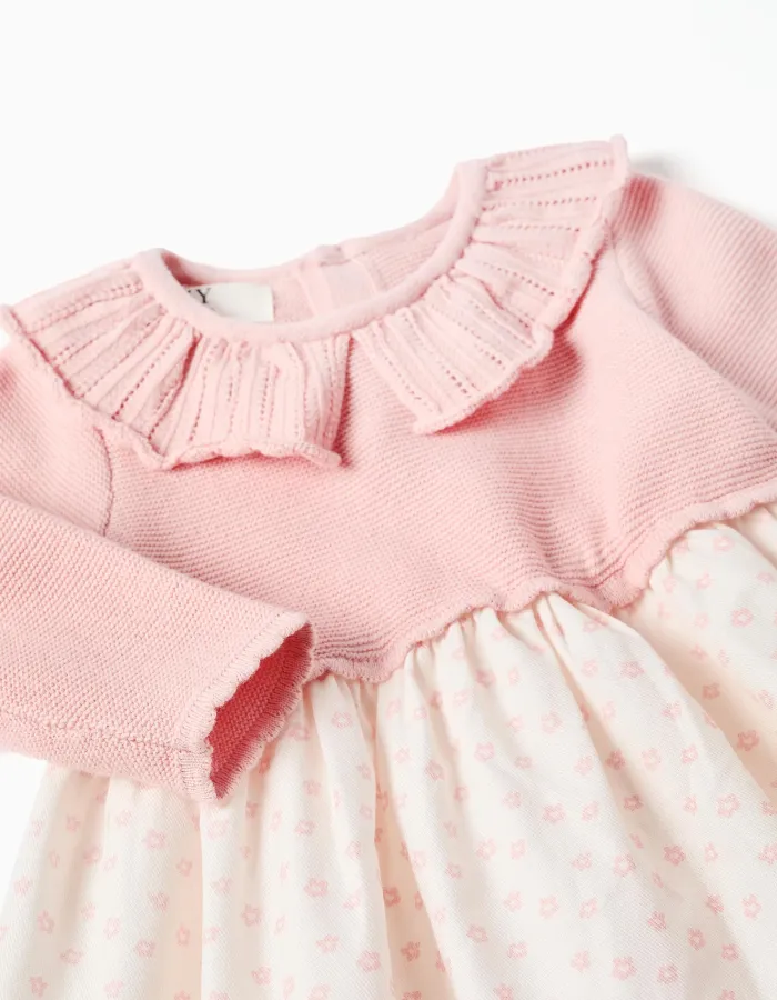 Dual-fabric dress with floral motif for newborn girls, pink/white