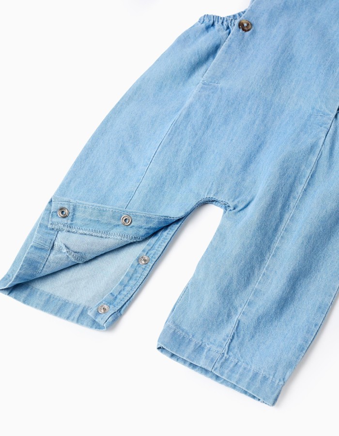 Cotton denim jumpsuit with elastic for newborn boys, light blue