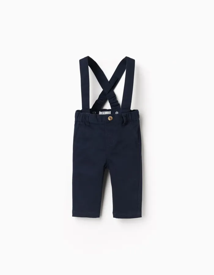 Twill trousers with braces for newborn boys, dark blue