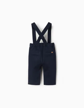 Twill trousers with braces for newborn boys, dark blue