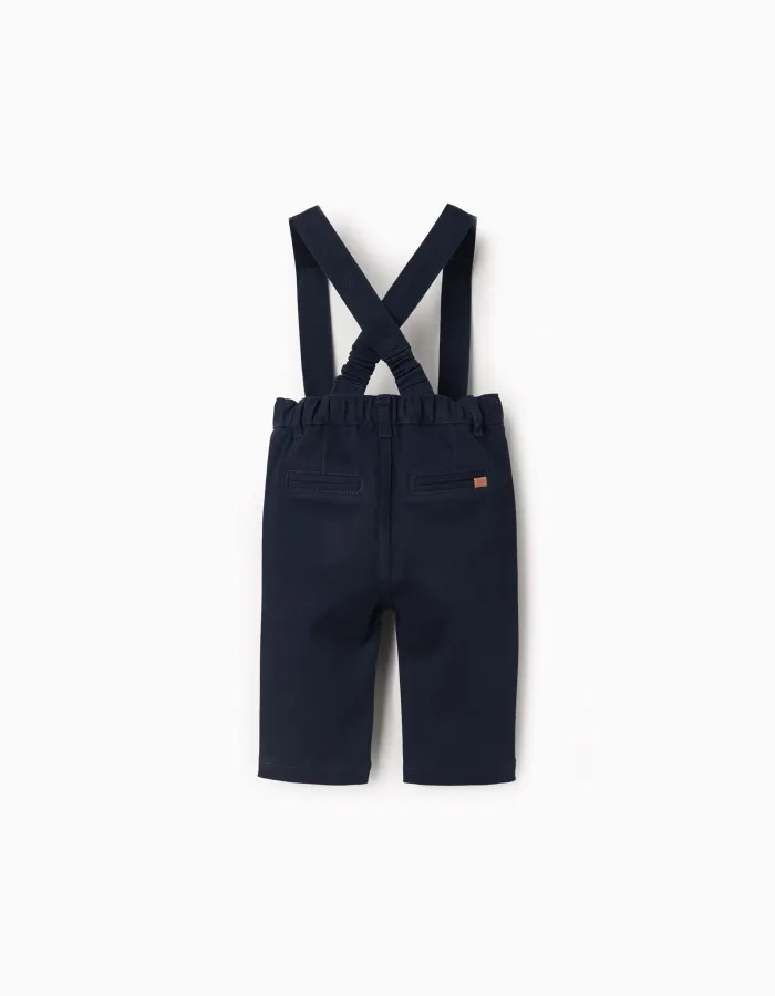 Twill trousers with braces for newborn boys, dark blue