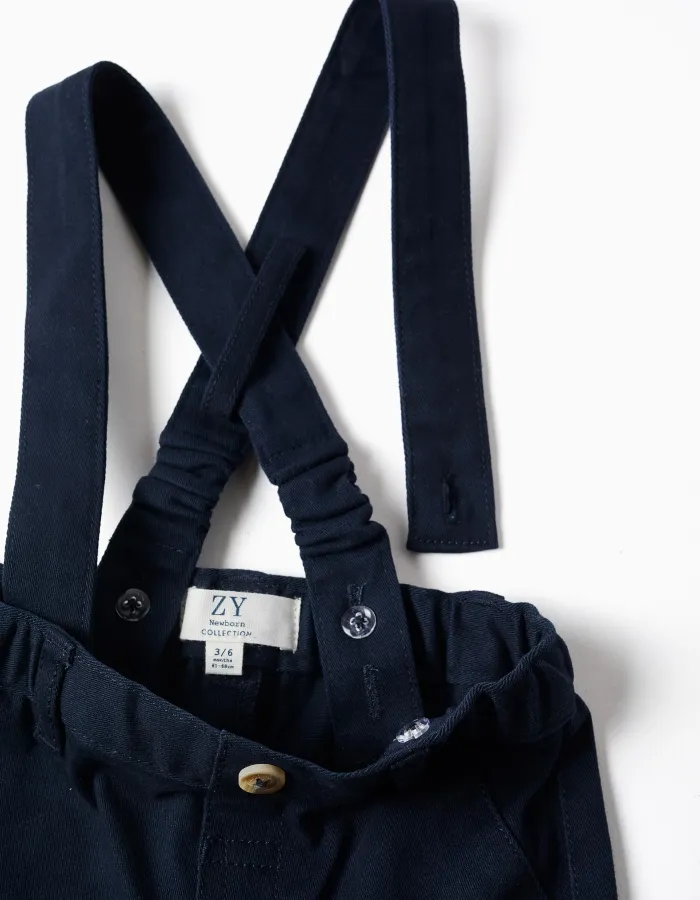 Twill trousers with braces for newborn boys, dark blue