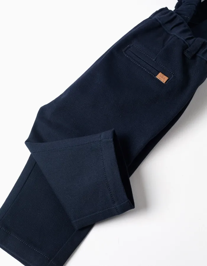Twill trousers with braces for newborn boys, dark blue