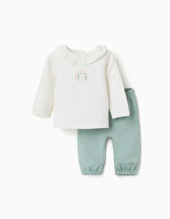 Sweatshirt with rainbow print + trousers for newborn girls, white/green