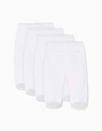 Pack 4 footed cotton trousers for newborns and babies, white