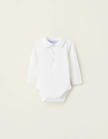 Long Sleeve Polo-Bodysuit for Newborn Boys, White