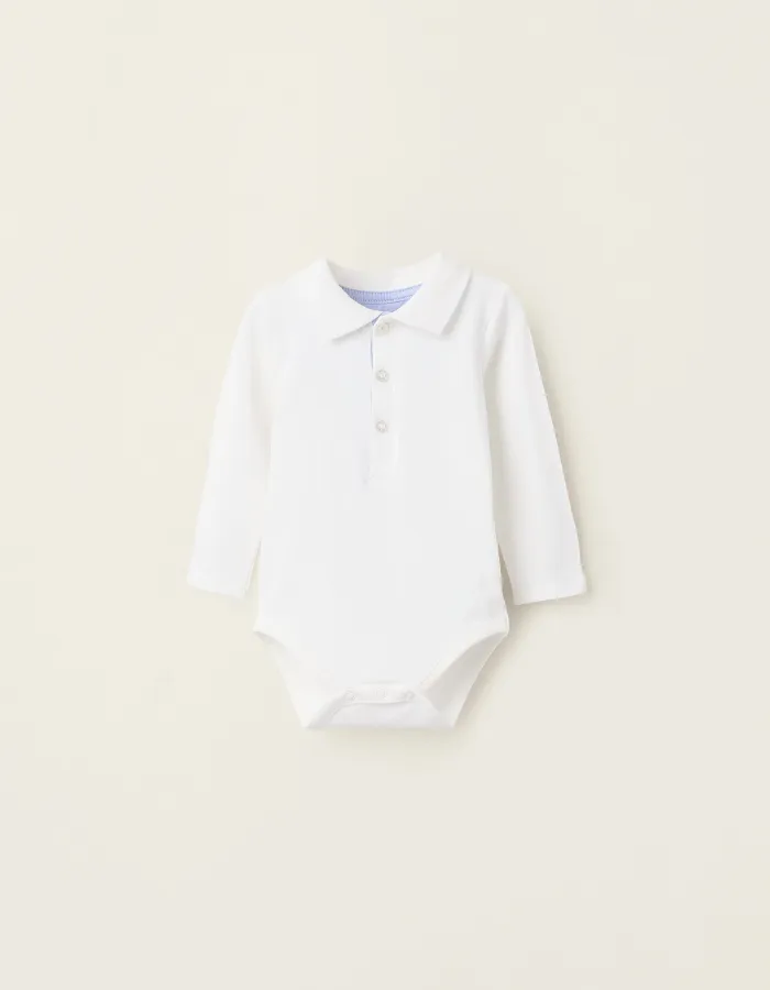 Long Sleeve Polo-Bodysuit for Newborn Boys, White