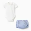 Polo-bodysuit + twill shorts for newborn boys, white/light blue