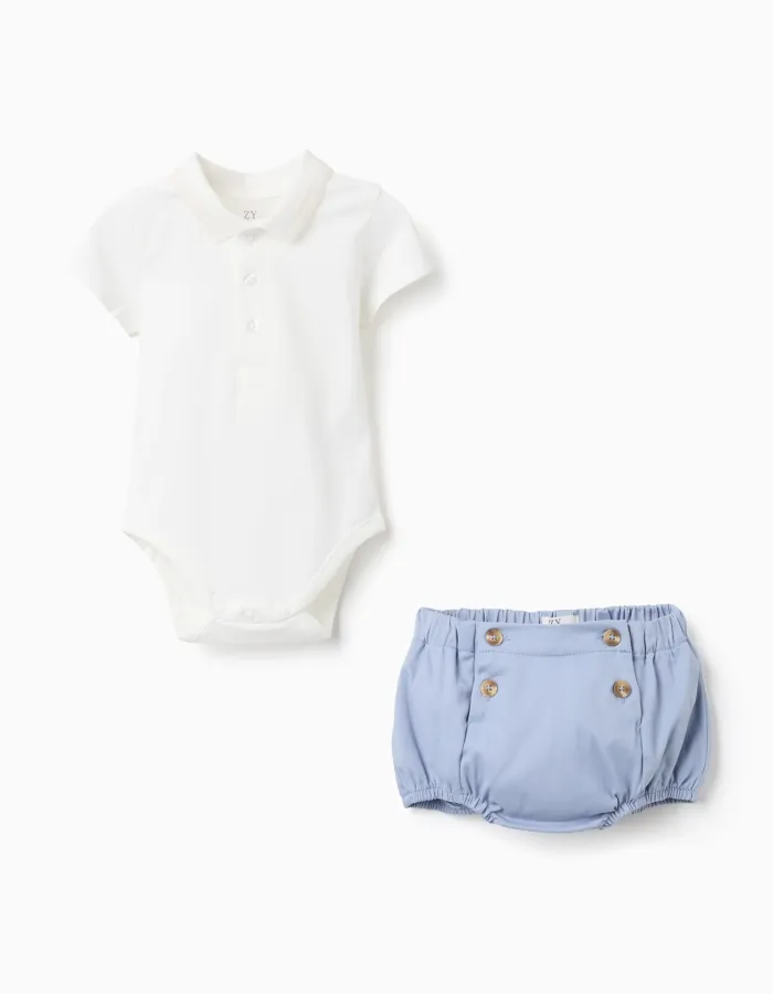Polo-bodysuit + twill shorts for newborn boys, white/light blue