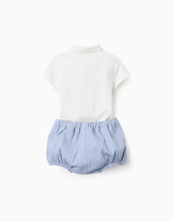 Polo-bodysuit + twill shorts for newborn boys, white/light blue
