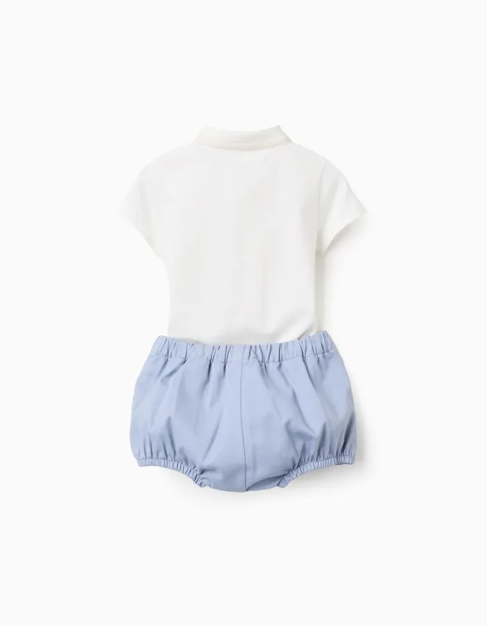 Polo-bodysuit + twill shorts for newborn boys, white/light blue