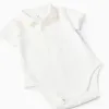 Polo-bodysuit + twill shorts for newborn boys, white/light blue