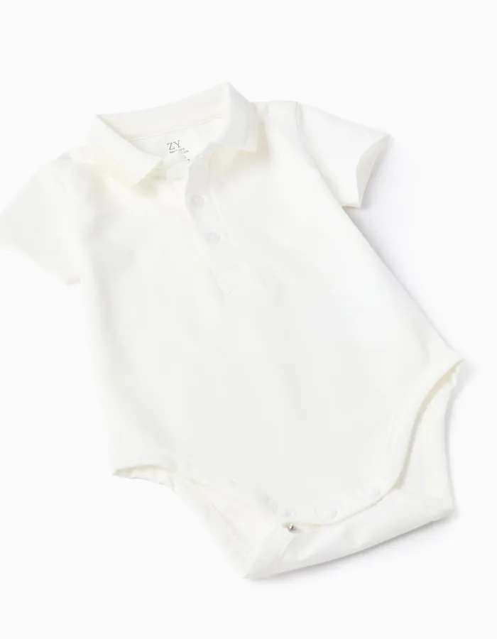 Polo-bodysuit + twill shorts for newborn boys, white/light blue