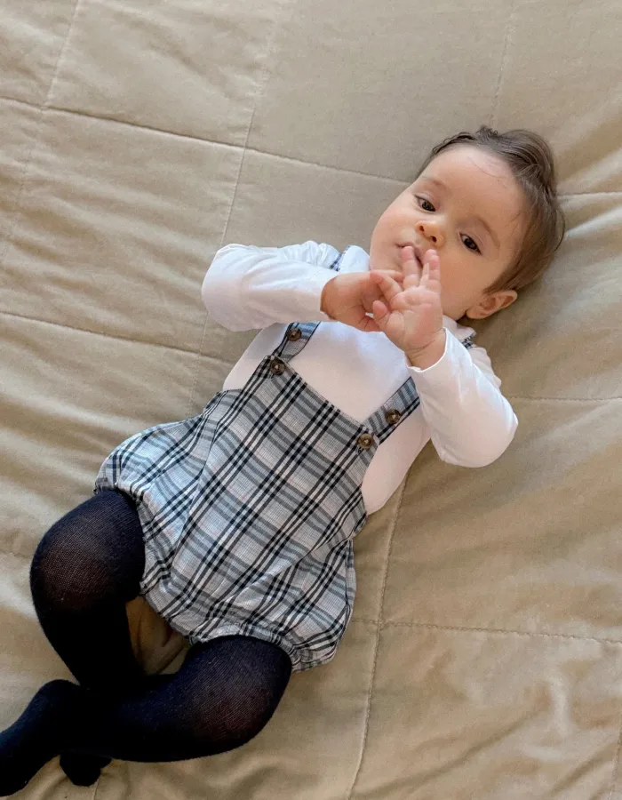 Cotton bodysuit + checked jumpsuit B&S for newborn boys, white/blue