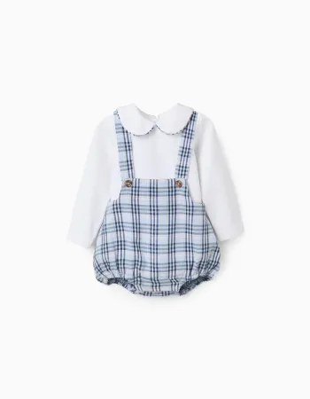 Cotton bodysuit + checked jumpsuit B&S for newborn boys, white/blue