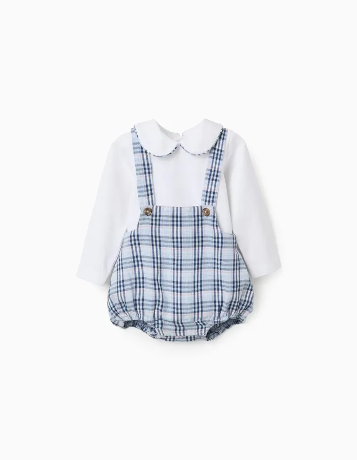 Cotton bodysuit + checked jumpsuit B&S for newborn boys, white/blue