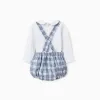 Cotton bodysuit + checked jumpsuit B&S for newborn boys, white/blue