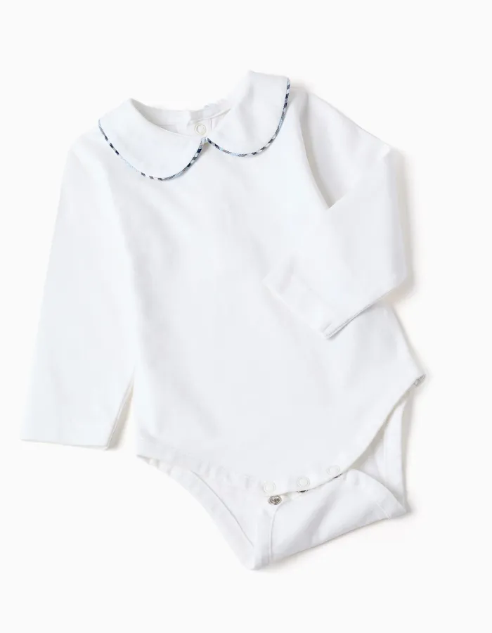 Cotton bodysuit + checked jumpsuit B&S for newborn boys, white/blue