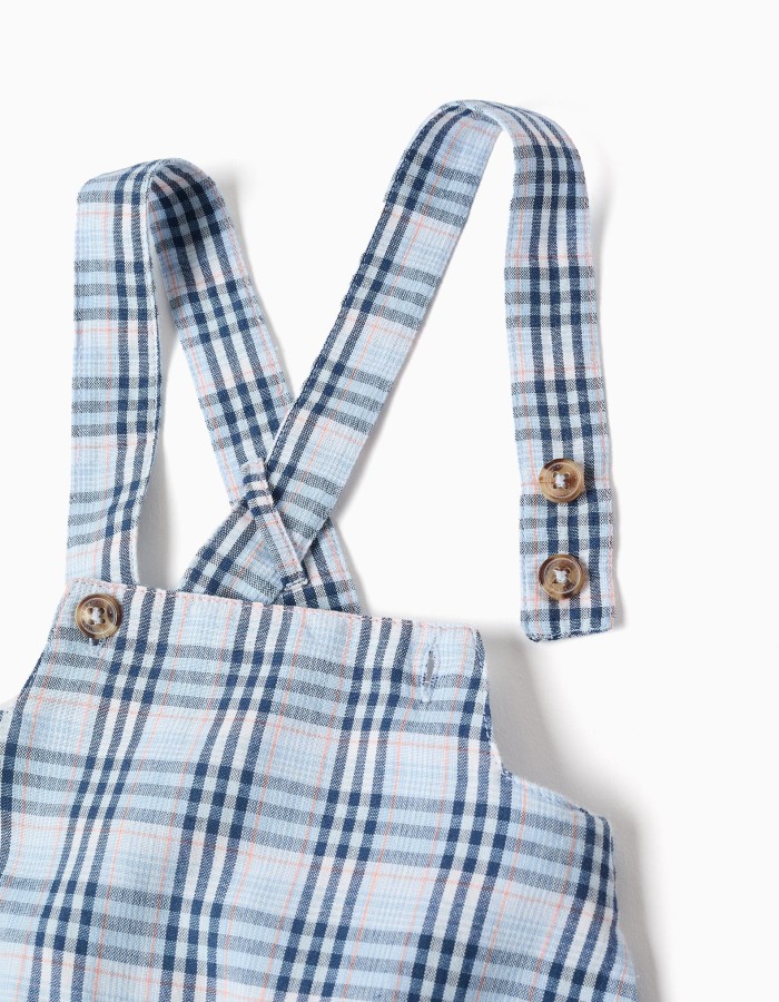 Cotton bodysuit + checked jumpsuit B&S for newborn boys, white/blue