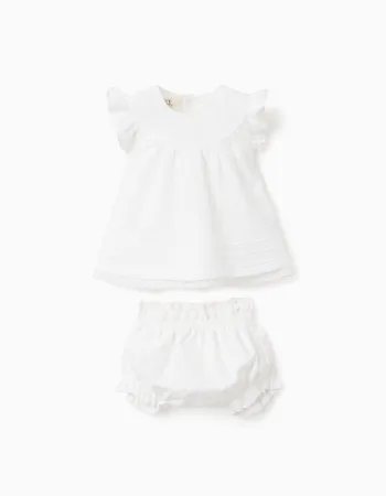 Cotton blouse and bloomers set with ruffles for newborn girls, white