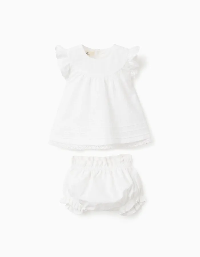 Cotton blouse and bloomers set with ruffles for newborn girls, white