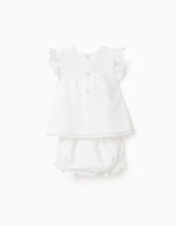 Cotton blouse and bloomers set with ruffles for newborn girls, white