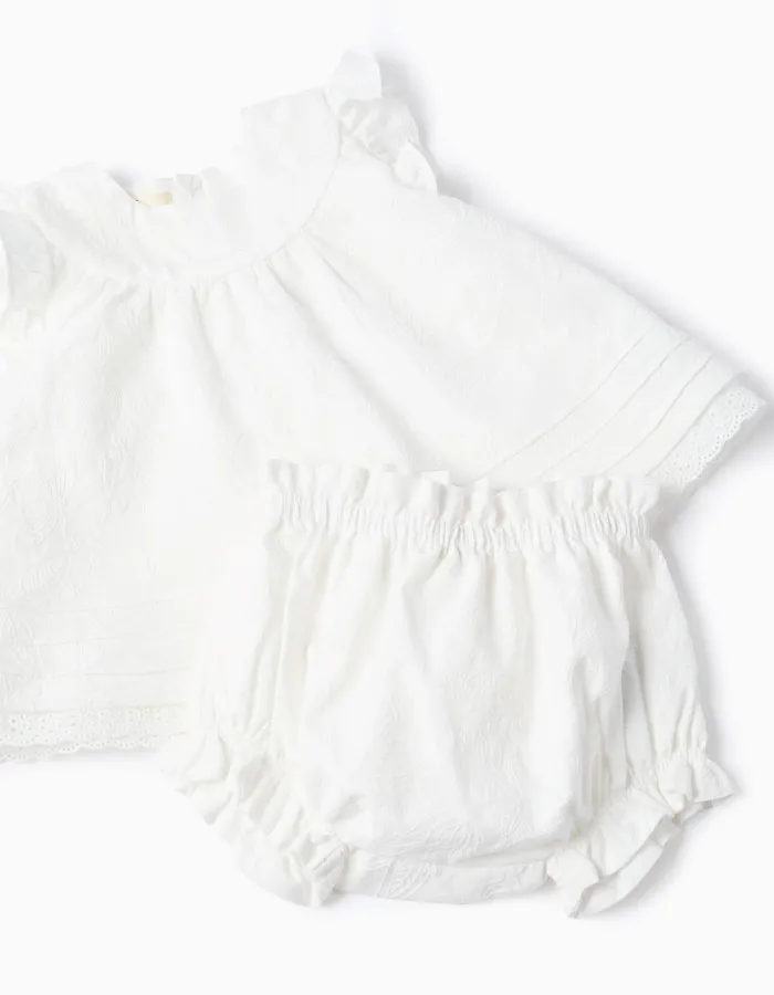 Cotton blouse and bloomers set with ruffles for newborn girls, white