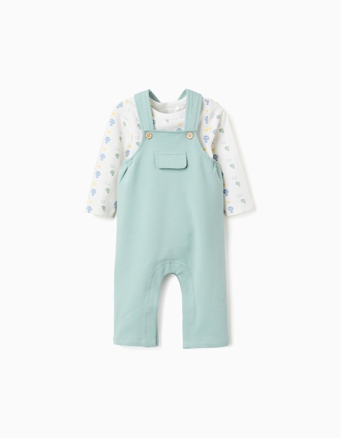 Long sleeve bodysuit + jumpsuit for newborn boys, white/green