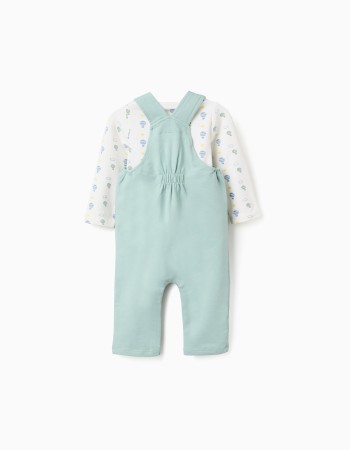 Long sleeve bodysuit + jumpsuit for newborn boys, white/green