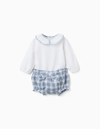 Cotton bodysuit + checked bloomers B&S for newborn girls, white/blue