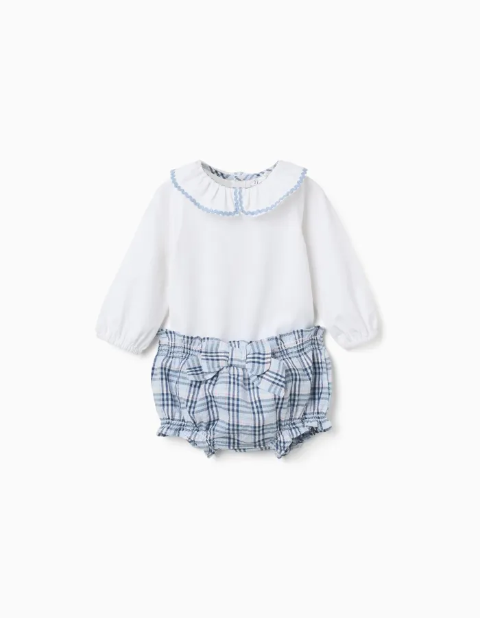 Cotton bodysuit + checked bloomers B&S for newborn girls, white/blue