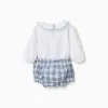 Cotton bodysuit + checked bloomers B&S for newborn girls, white/blue
