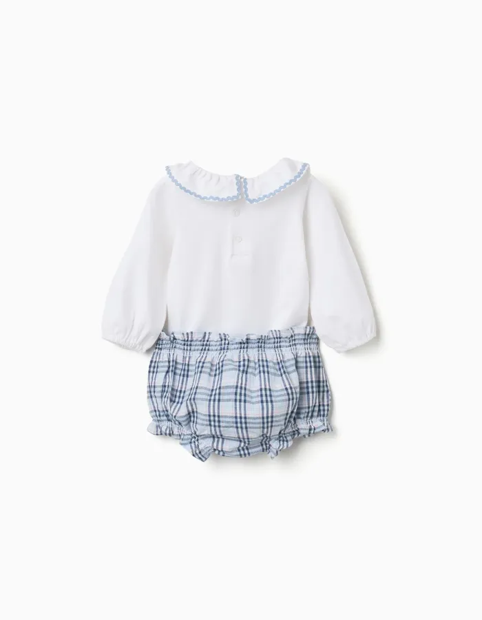 Cotton bodysuit + checked bloomers B&S for newborn girls, white/blue