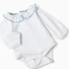 Cotton bodysuit + checked bloomers B&S for newborn girls, white/blue