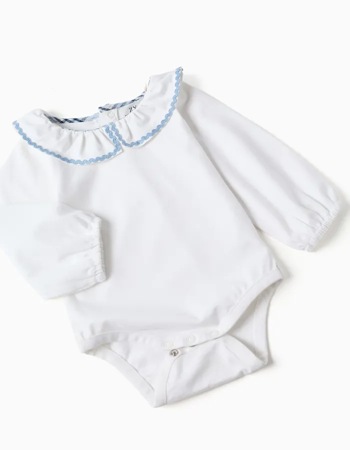 Cotton bodysuit + checked bloomers B&S for newborn girls, white/blue