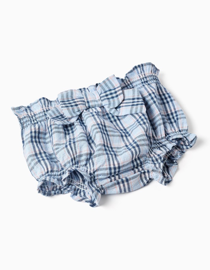 Cotton bodysuit + checked bloomers B&S for newborn girls, white/blue