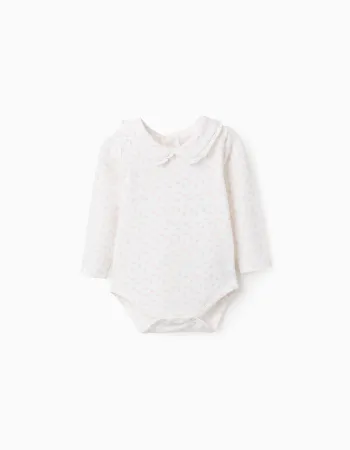 Long sleeve bodysuit with floral motif for newborn girls, white/pink