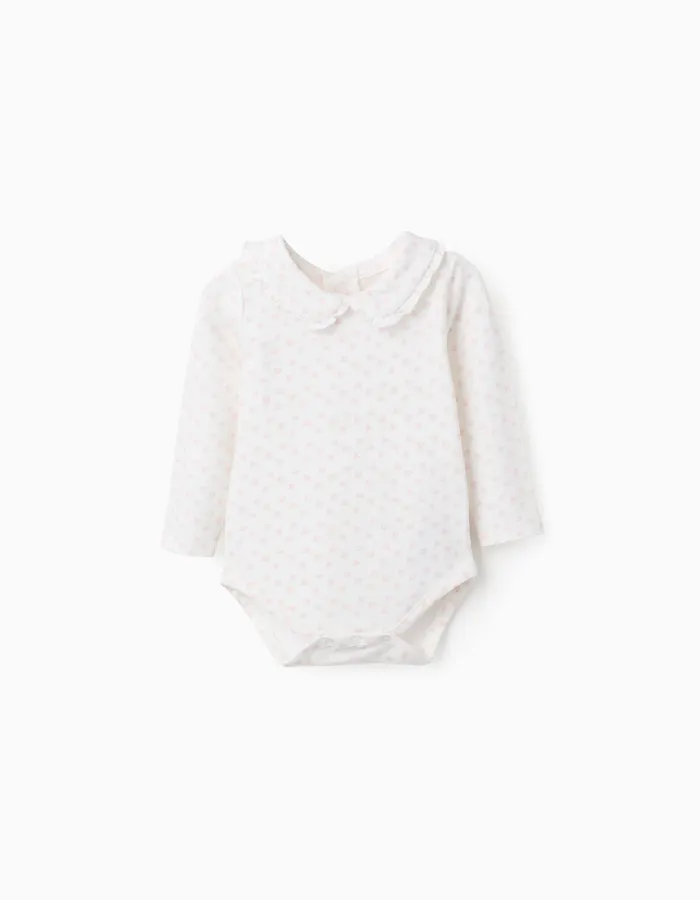 Long sleeve bodysuit with floral motif for newborn girls, white/pink