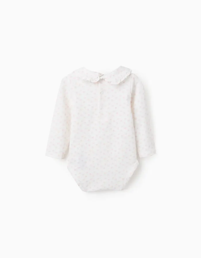 Long sleeve bodysuit with floral motif for newborn girls, white/pink